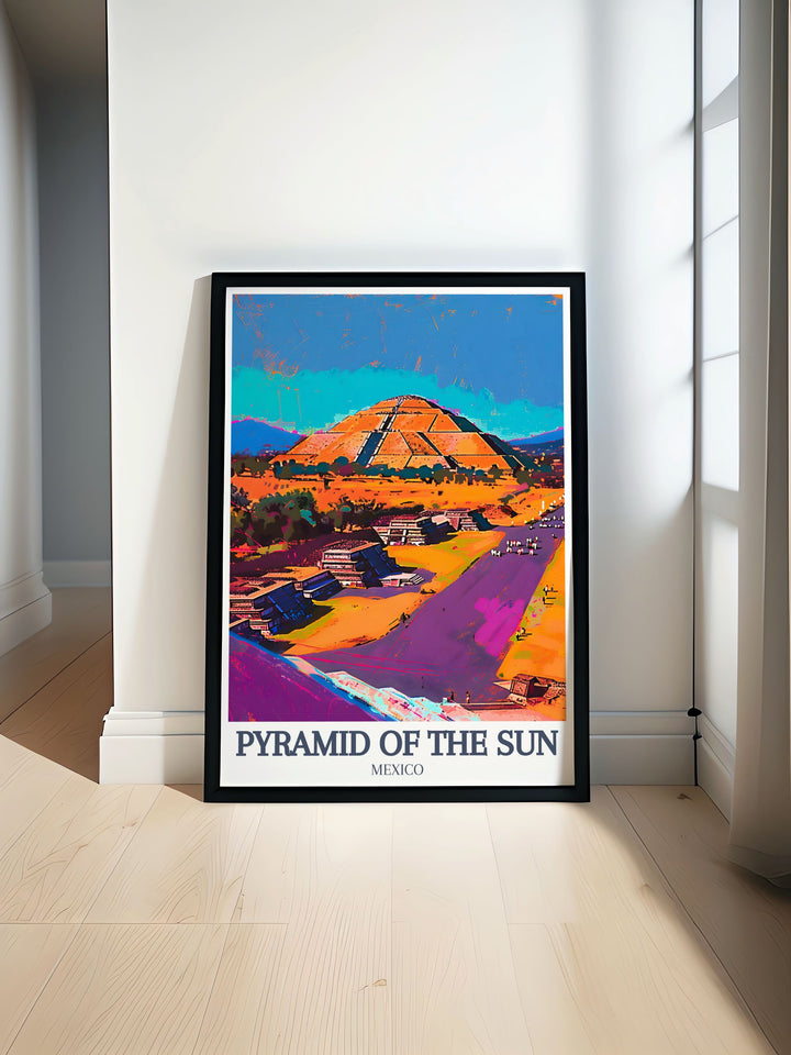 Mexico wall art featuring the Sun Pyramid at Teotihuacan Avenue of the Dead Quetzalcoatl Temple perfect for adding vibrant history and culture to your living space with stunning colors and intricate details making it a captivating centerpiece.