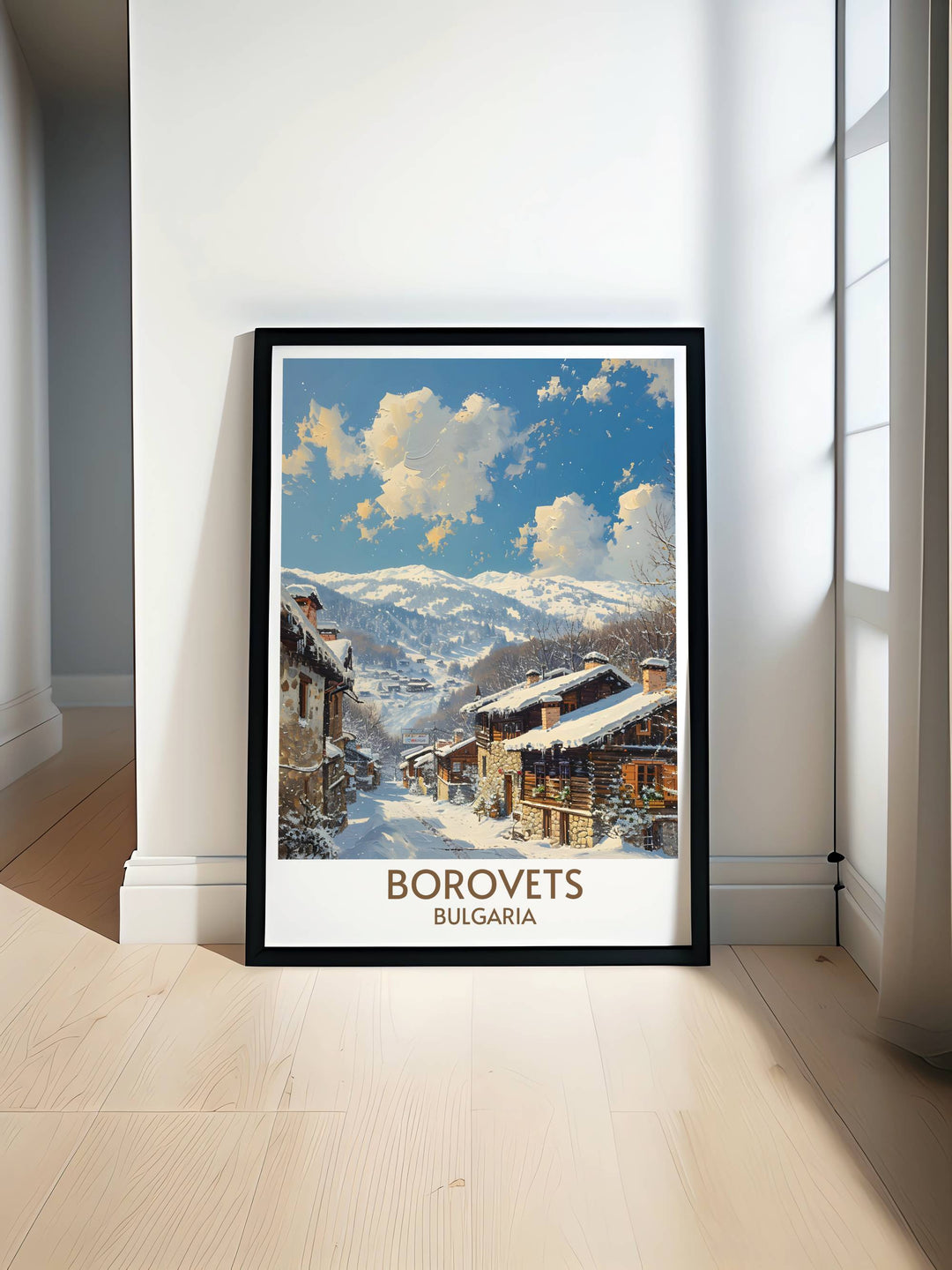 Detailed view of Borovets Village with snow covered cottages and ski slopes bustling with activity perfect for winter sports enthusiasts