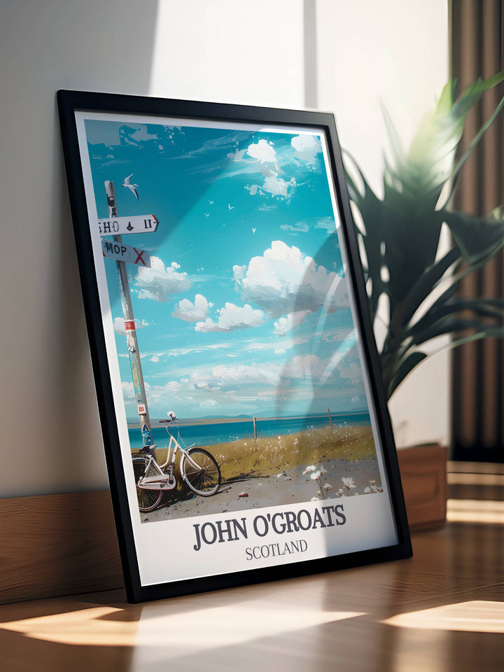 Inspirational cycling print of John O Groats Signpost, perfect for those who have tackled the National Cycling challenge. This artwork celebrates the journey from John O Groats to Lands End, making it a meaningful gift for cyclists.