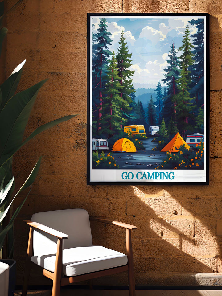 Modern wall decor of a camper van nestled in a tranquil forest, capturing the essence of camping and outdoor serenity, perfect for bringing a piece of nature into your home.