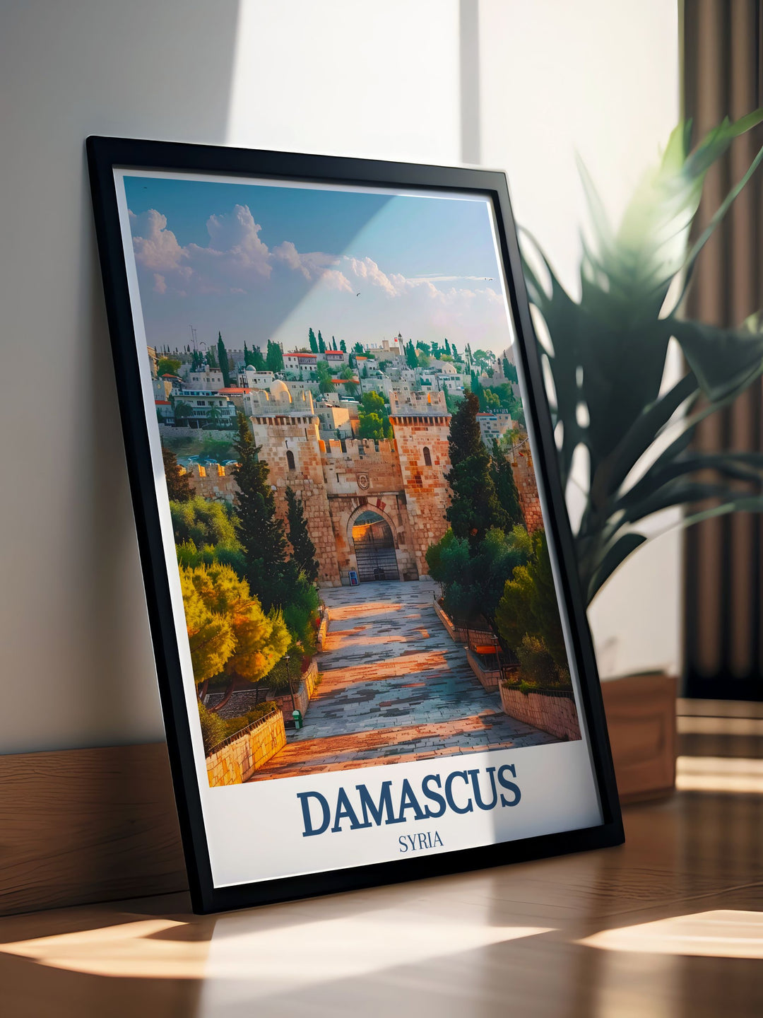 This Damascus travel print captures the iconic sights of Damascus Gate and Sun City, making it the perfect addition to your home décor. Celebrate the rich history and beauty of Syria with this stunning artwork.