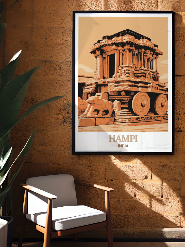 Hampi wall art featuring the captivating architecture of Vijaya Vittala Temple. The detailed depiction of the temples intricate carvings and vibrant colors make this print a beautiful addition to any home decor, celebrating the historical charm of Hampi.