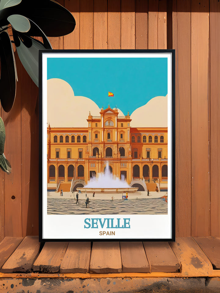 Bring the magic of Seville into your home with this stunning Plaza de España Poster Print. This artwork captures the intricate details of the landmarks design, including its beautiful tilework, central fountain, and grand towers. A timeless piece for any travel enthusiast.