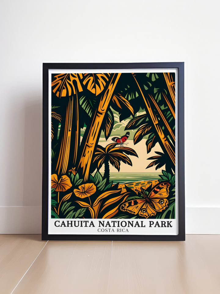 Limon Canvas Art highlights the beauty of Cahuitas coastline, with its lush greenery, crystal clear waters, and diverse wildlife. This canvas art is ideal for anyone who appreciates the natural beauty of Costa Ricas eastern shores.