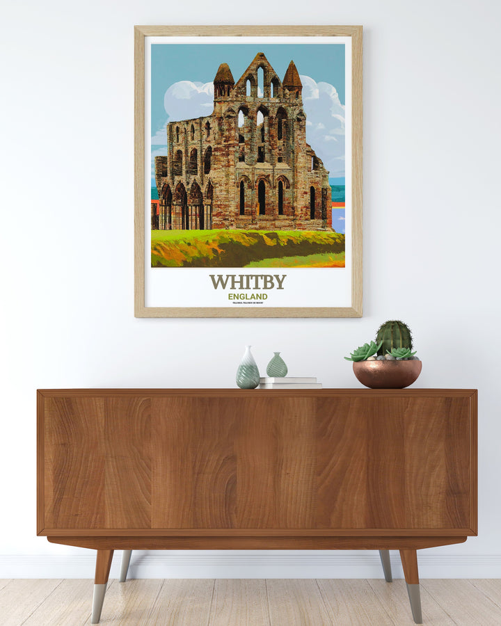 Whitby Abbey wall art print designed to evoke the gothic romance of the historic abbey. Set against the windswept cliffs of Yorkshire, this artwork is perfect for adding a dramatic touch to any room.