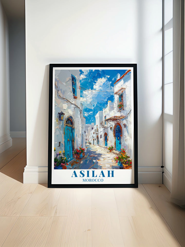 Moroccan Travel Poster of Asilah This travel poster highlights the detailed architecture of Asilahs Medina, with its vivid white buildings and narrow, winding streets. The artwork captures the unique Moroccan craftsmanship seen in every corner of the town, from its historic gates to the vibrant street markets. Ideal for Moroccan art lovers who wish to bring a piece of the citys history and culture into their homes, this poster will evoke a sense of wanderlust.