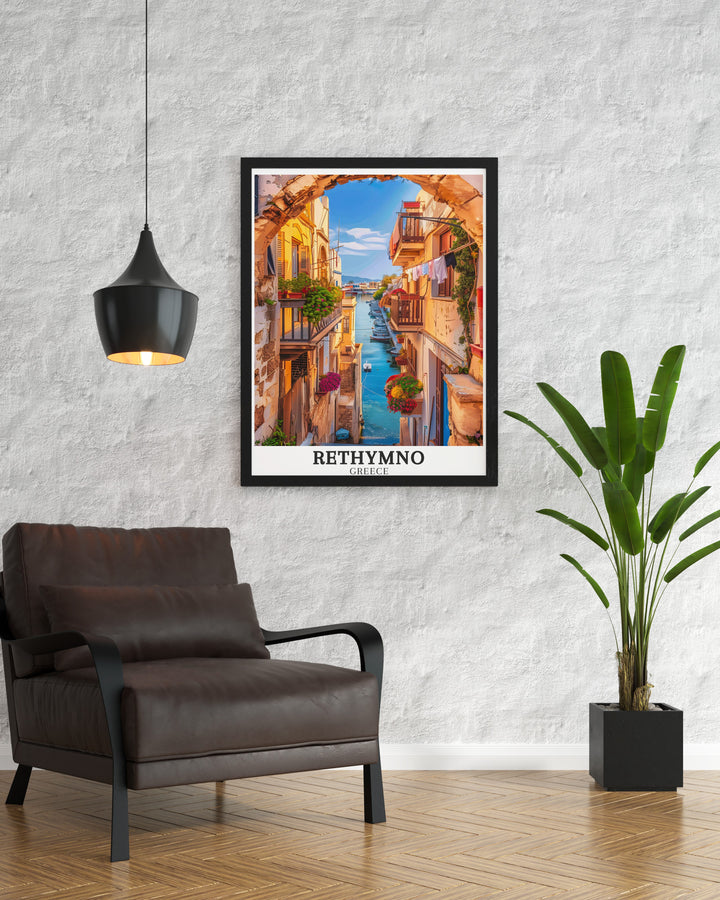 Old Town Crete Modern Prints of Rethymno create a stunning focal point for any room this Greece Island print offers elegance and charm perfect for Greece wall decor and travel inspired spaces ideal for home offices or living room decor