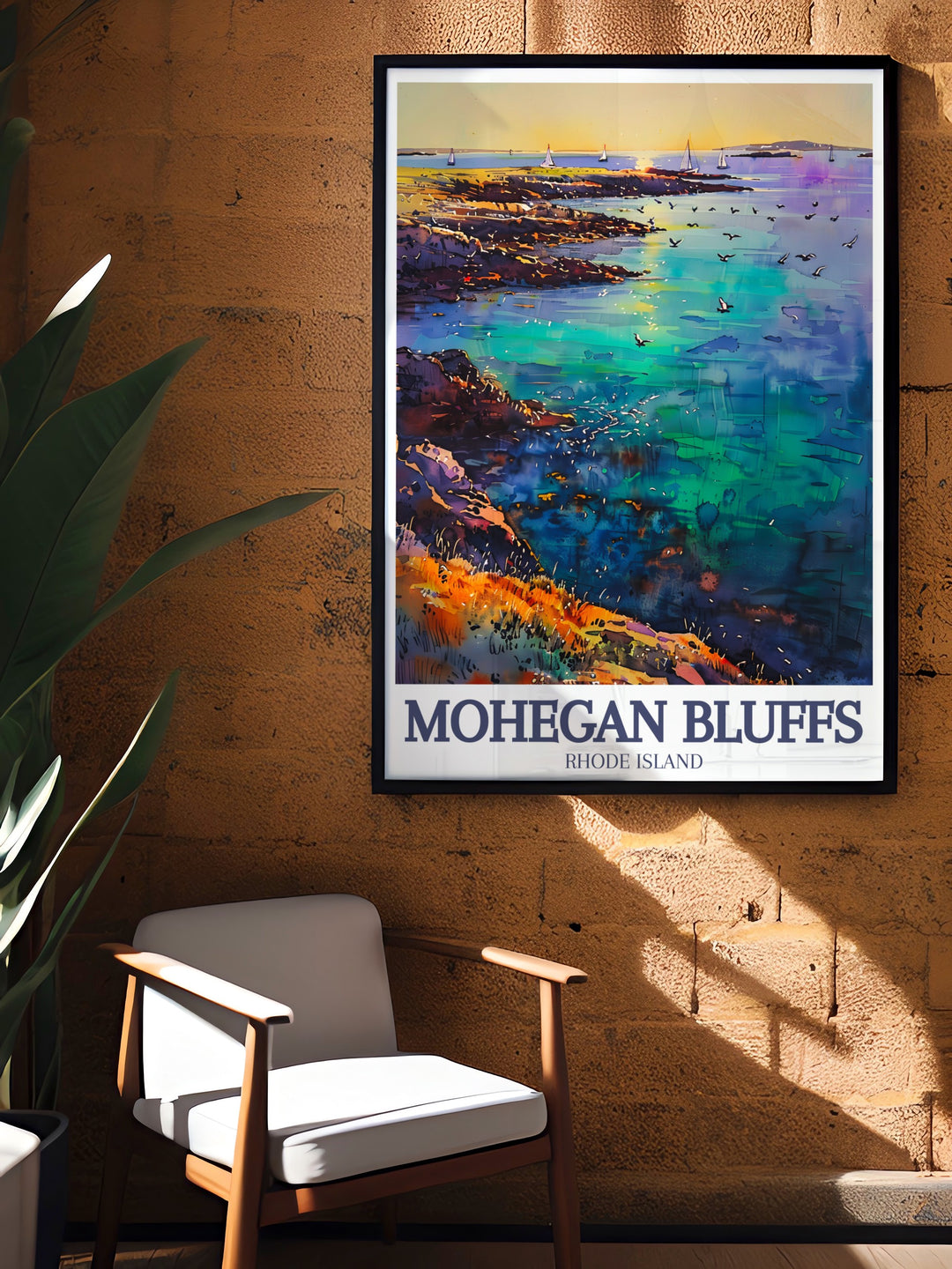 This Rhode Island travel print highlights the natural beauty of Mohegan Bluffs on Block Island, offering a serene coastal scene in vintage style. The vibrant colors and detailed depiction of the cliffs and beach make this poster a great fit for any home or office décor.