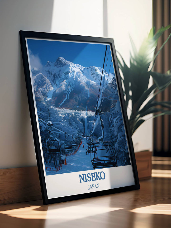 Mount Yotei Modern Prints combined with Niseko Annupuri International Ski Area in a vintage style poster perfect for adding Japanese charm and excitement to your living space ideal for gifts