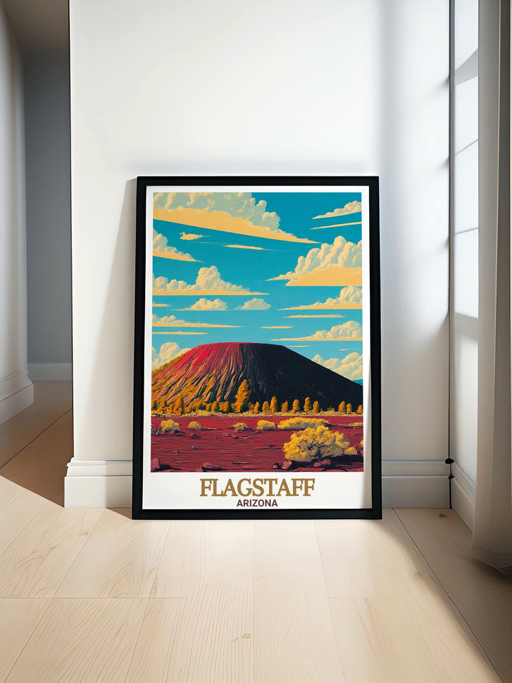 Sunset Crater travel print highlights the striking landscape of Arizonas volcanic terrain, where ancient lava flows and desert life coexist. This canvas art is ideal for those who appreciate geology and the raw beauty of natures forces.