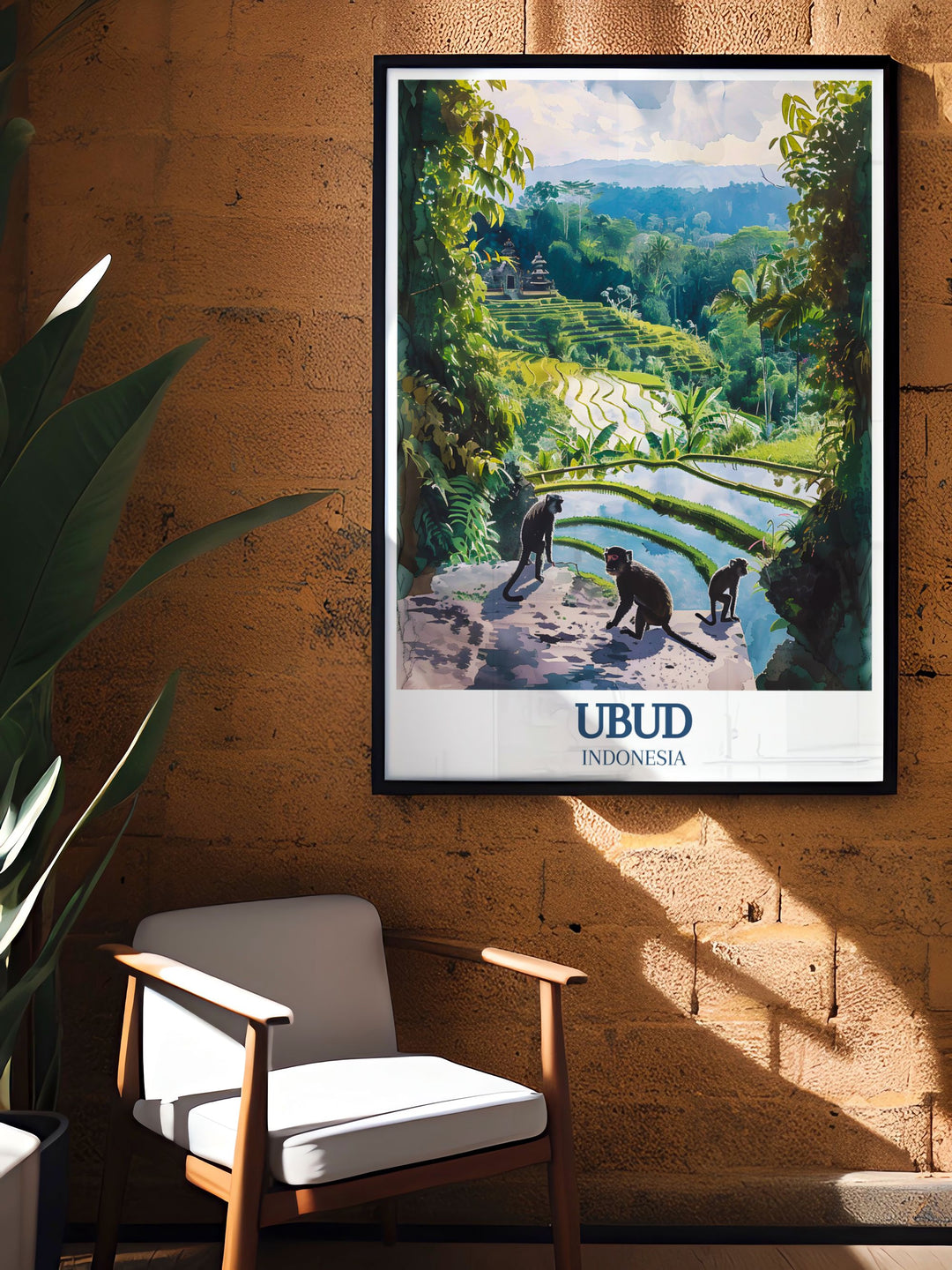 A serene travel print of Ubuds Sacred Monkey Forest and Tegalalang Rice Terrace. The fine details and vibrant colors capture Balis spiritual and natural beauty, making this wall art an ideal addition to your home décor.