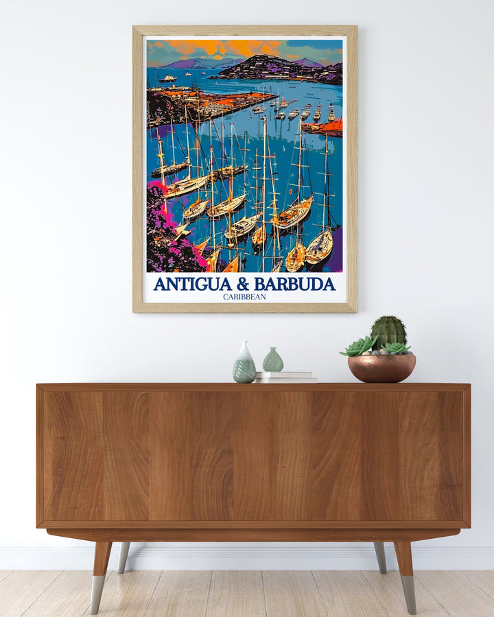 English Harbour Canvas Art featuring the picturesque views of one of Antiguas most historic sites. This travel poster highlights the deep blue waters and preserved buildings of English Harbour, ideal for those who appreciate a blend of natural beauty and history in their wall decor