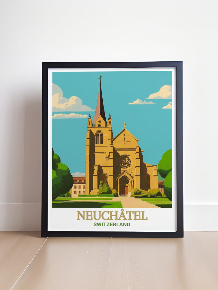 Lake Neuchatel gift perfect for any occasion. Featuring La Collegiale Church, this stunning print brings the beauty of French culture and scenery to life. An ideal addition to your collection of France home decor or a thoughtful present for art lovers.