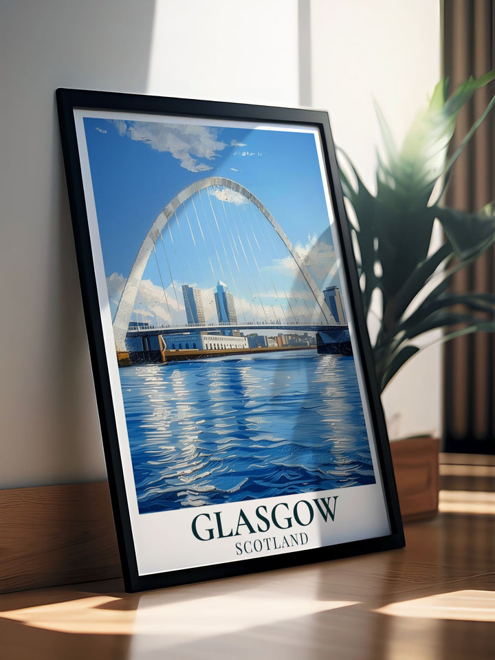 The Clyde Arc art print designed to complement any interior style. This beautiful artwork adds elegance and a touch of Glasgows contemporary design to your living space.