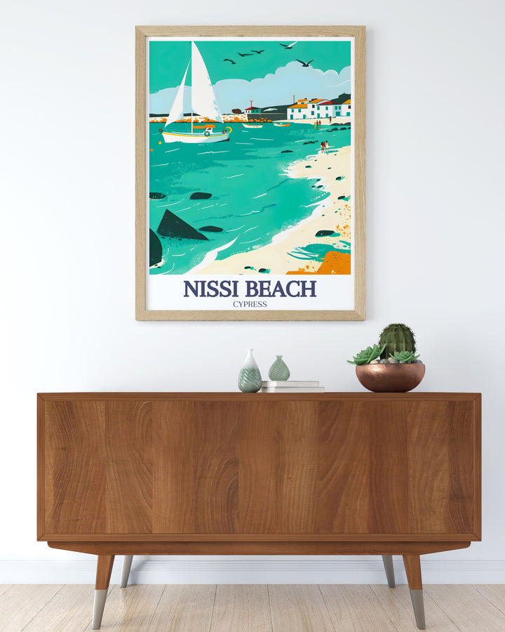 This Nissi Beach travel poster highlights the famous white sands of the beach alongside the picturesque Ayia Napa Harbor. Perfect as a canvas art piece or wall poster, this artwork captures the charm of Cyprus and makes a beautiful addition to any home decor.