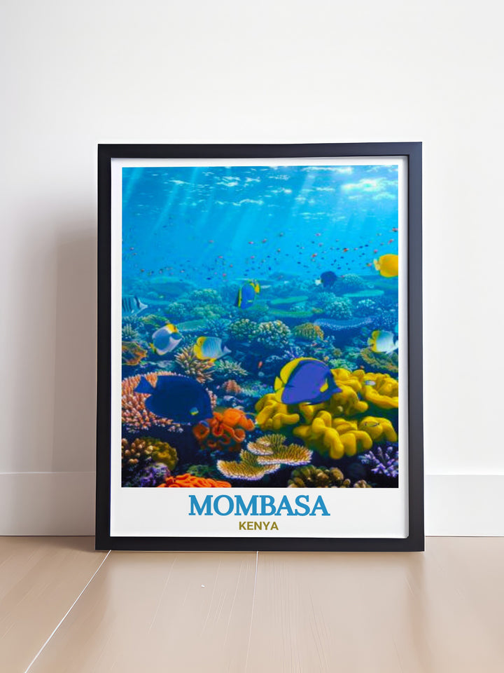 Celebrate Kenyas vibrant marine ecosystem with this Kenya Art Print of Mombasa Marine National Park. Perfect for travel lovers, it showcases the diversity of marine life along Kenyas stunning coastline.