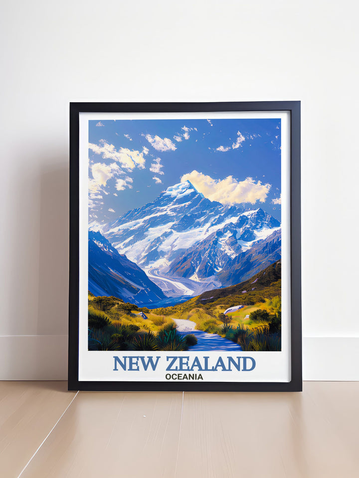 Vintage travel print of Mount Cook and Akaroa Lighthouse bringing the beauty of New Zealands landscapes into your home perfect for wall art enthusiasts and anyone looking to add a touch of adventure and elegance to their home decor.