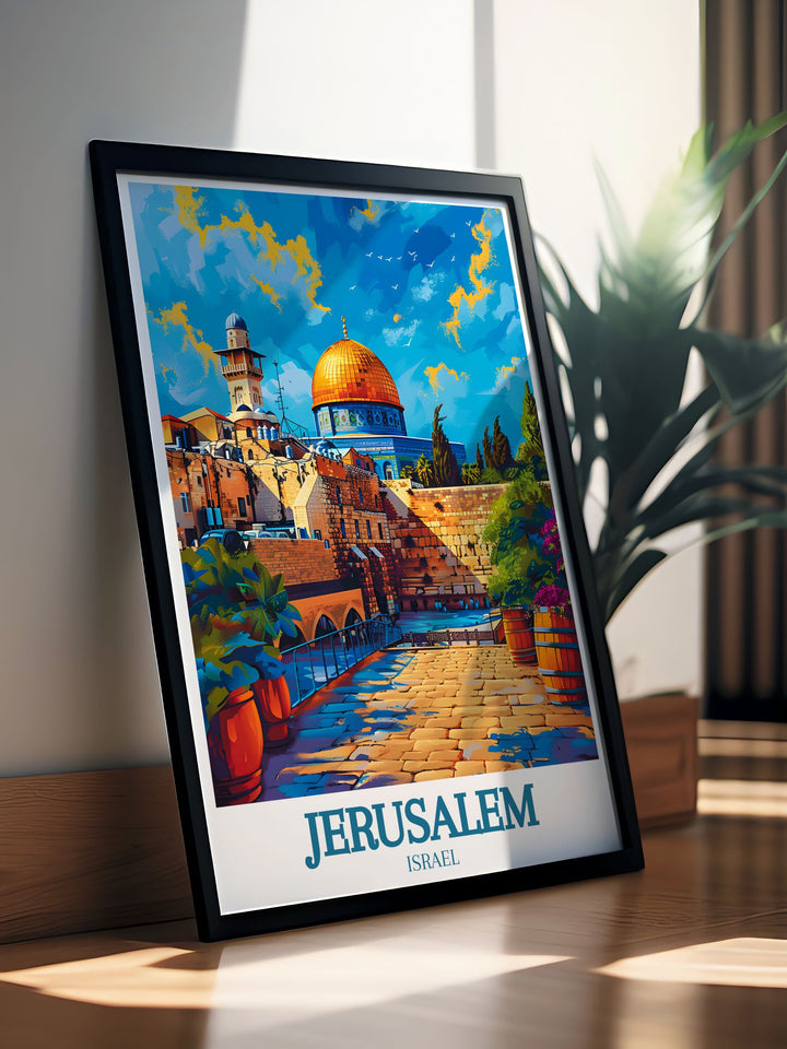 The vibrant energy of Jerusalems historic markets and diverse street life is highlighted in this travel poster. Ideal for urban enthusiasts, this piece captures the dynamic spirit of the city.