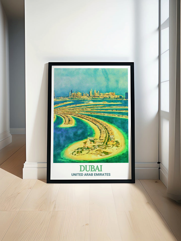 Stunning Palm Jumeirah art print capturing the iconic Dubai landmark in a sleek black and white design perfect for modern home decor featuring fine line details and a detailed Dubai city map ideal for living rooms bedrooms or offices