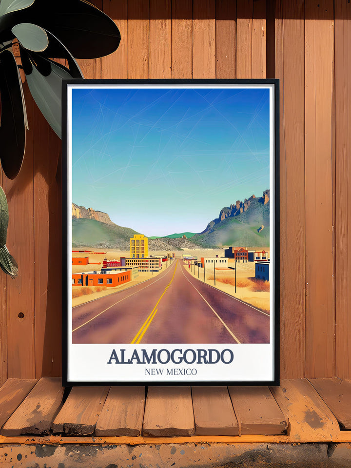 Alamogordo print featuring the Sacramento Mountains and US 82 road a beautiful New Mexico travel poster capturing the spirit of adventure making it an excellent choice for New Mexico gifts or as a statement piece in your home decor or office setting.