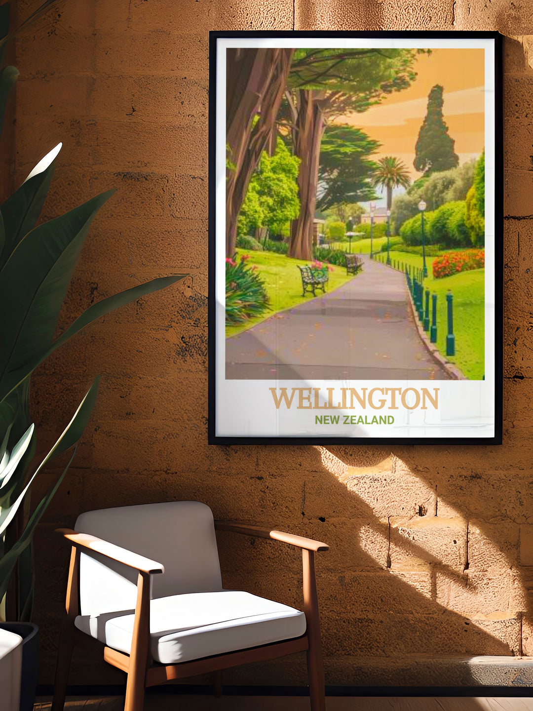 Wellington travel print showcasing the bustling cityscape of New Zealands capital, paired with the lush greenery of the Wellington Botanic Garden. This artwork captures the dynamic blend of nature and urban life, perfect for New Zealand travel enthusiasts and home décor lovers.