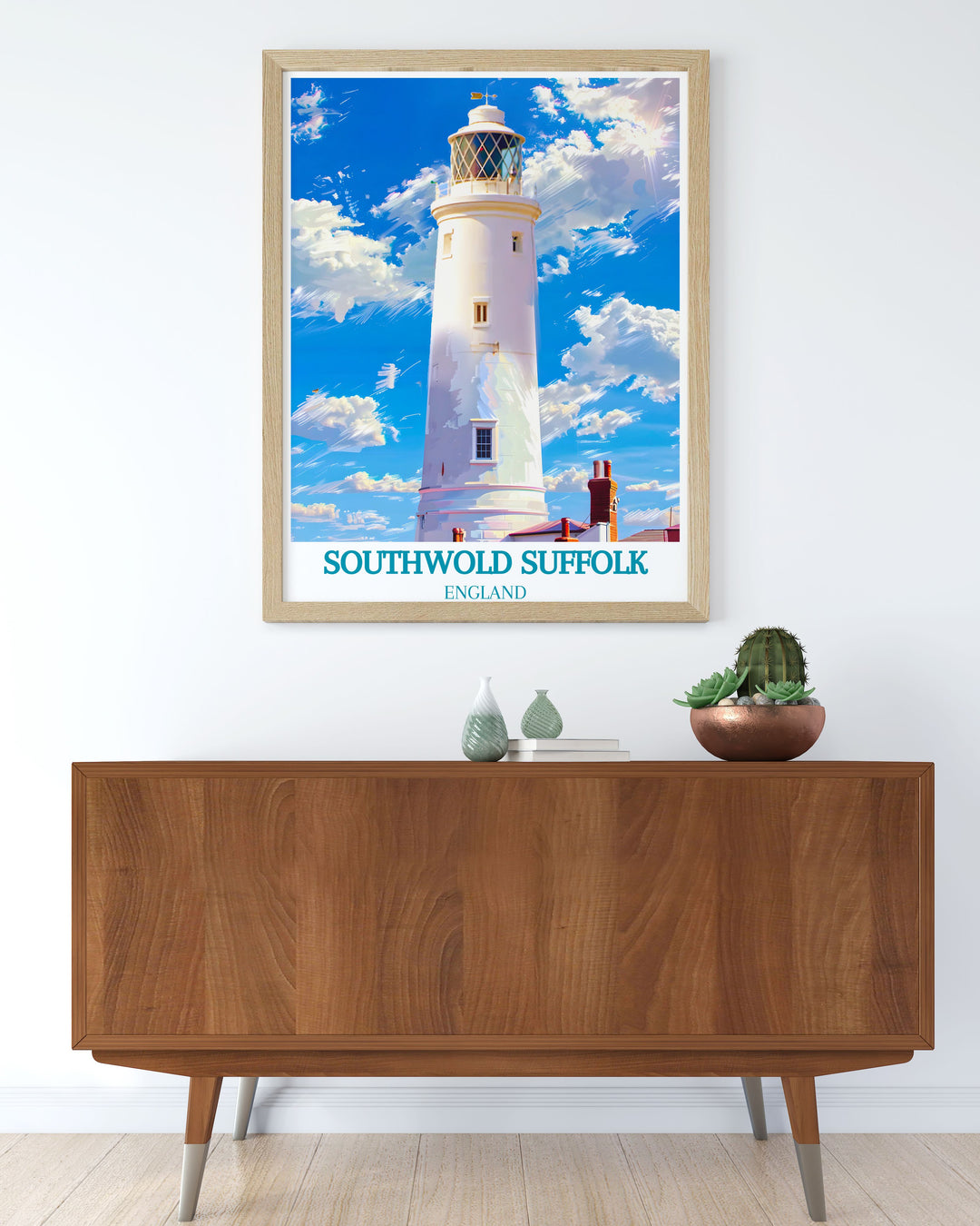 Capture the essence of Southwolds seaside charm with this art print, featuring the lighthouse and the panoramic views it offers.