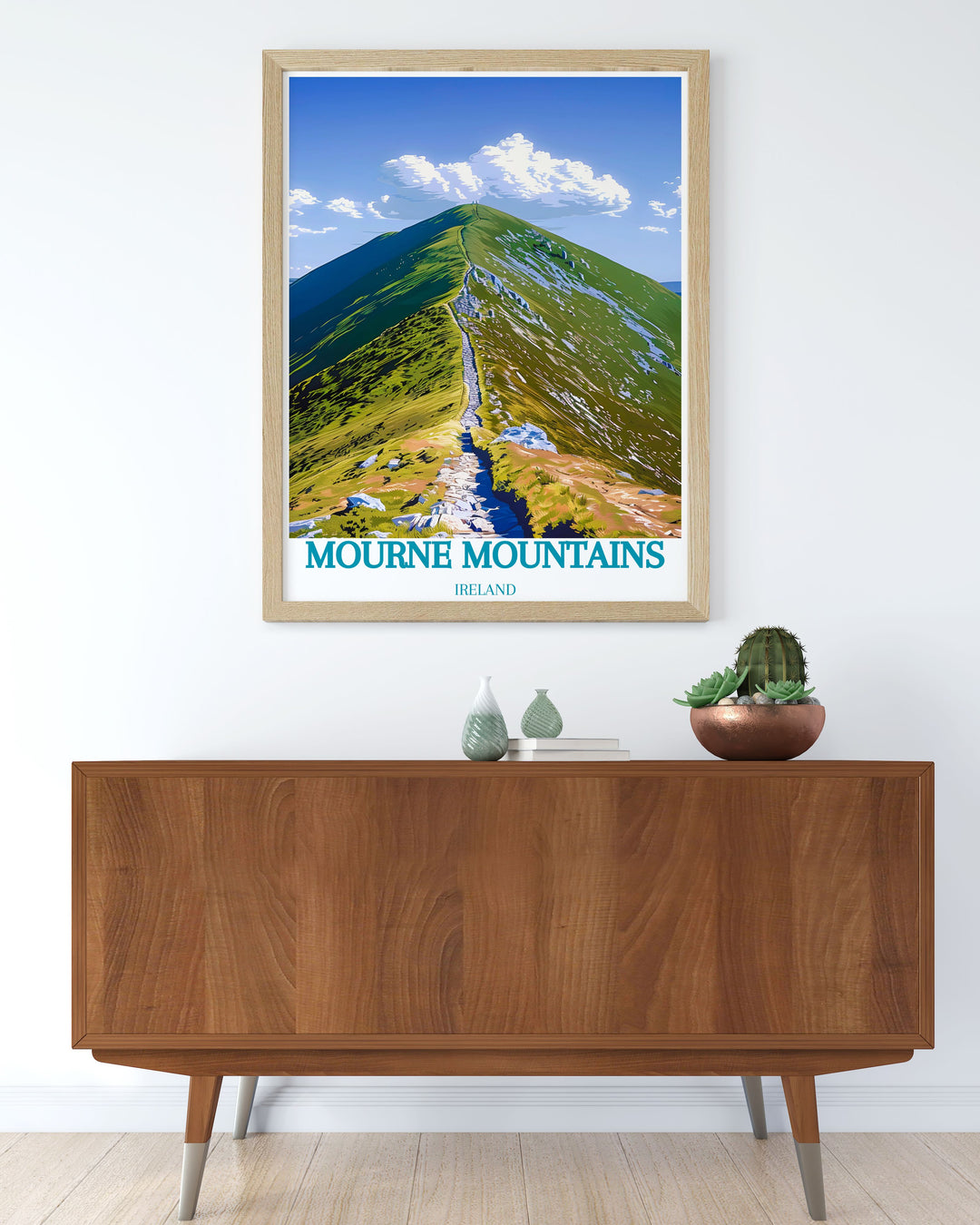 This vibrant art print of Slieve Donard highlights the peaks dramatic rise and the serene landscapes, making it a standout piece for those who appreciate natural beauty and challenging hikes.