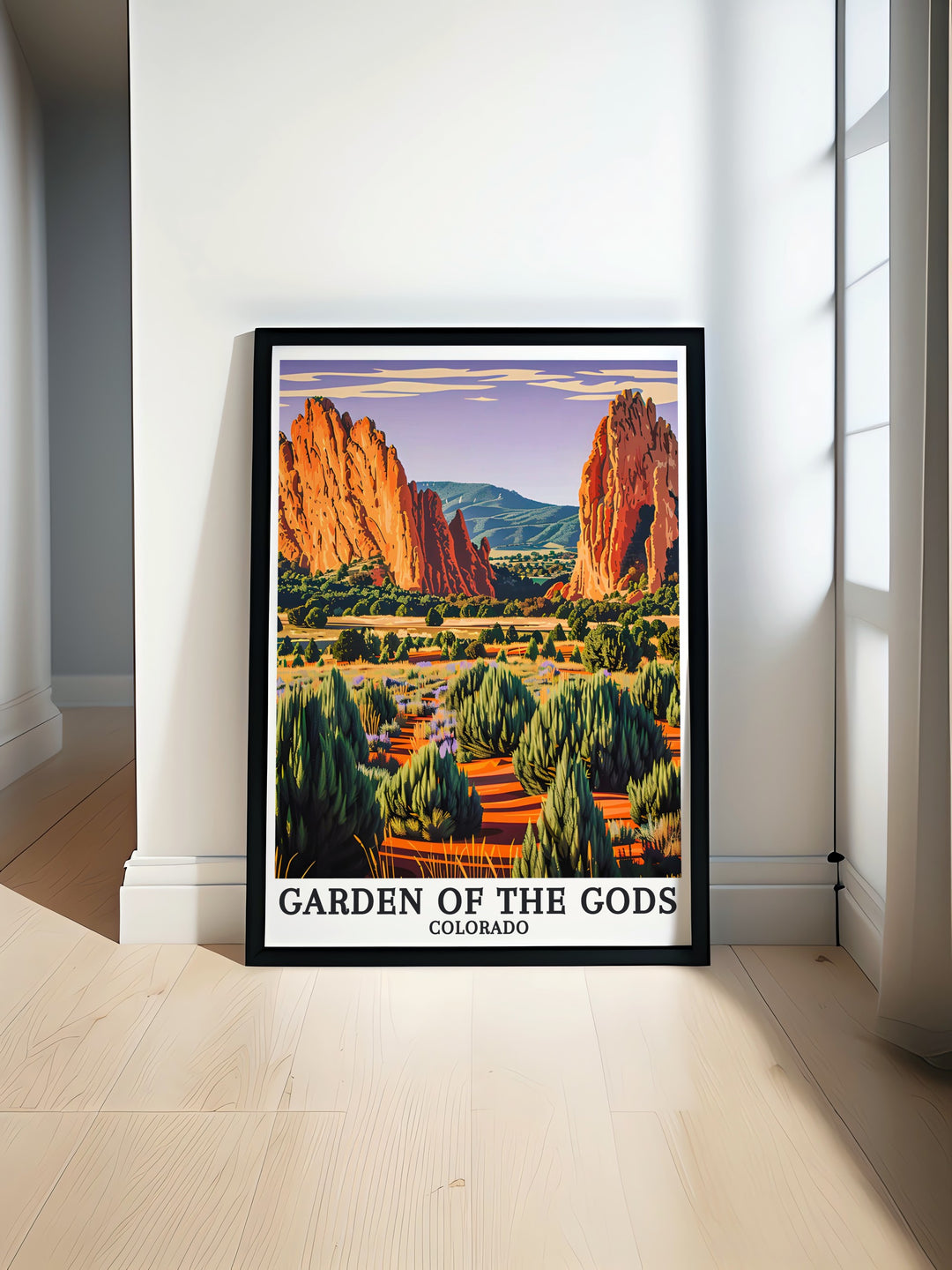 Gardens of the Gods Travel Poster and North Gateway Rock Colorado Springs Park Art capturing the vibrant natural beauty of Colorado with stunning rock formations perfect for home decor or as a Colorado gift for lovers of nature and adventure.