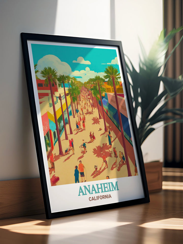 a framed poster of a beach scene with palm trees