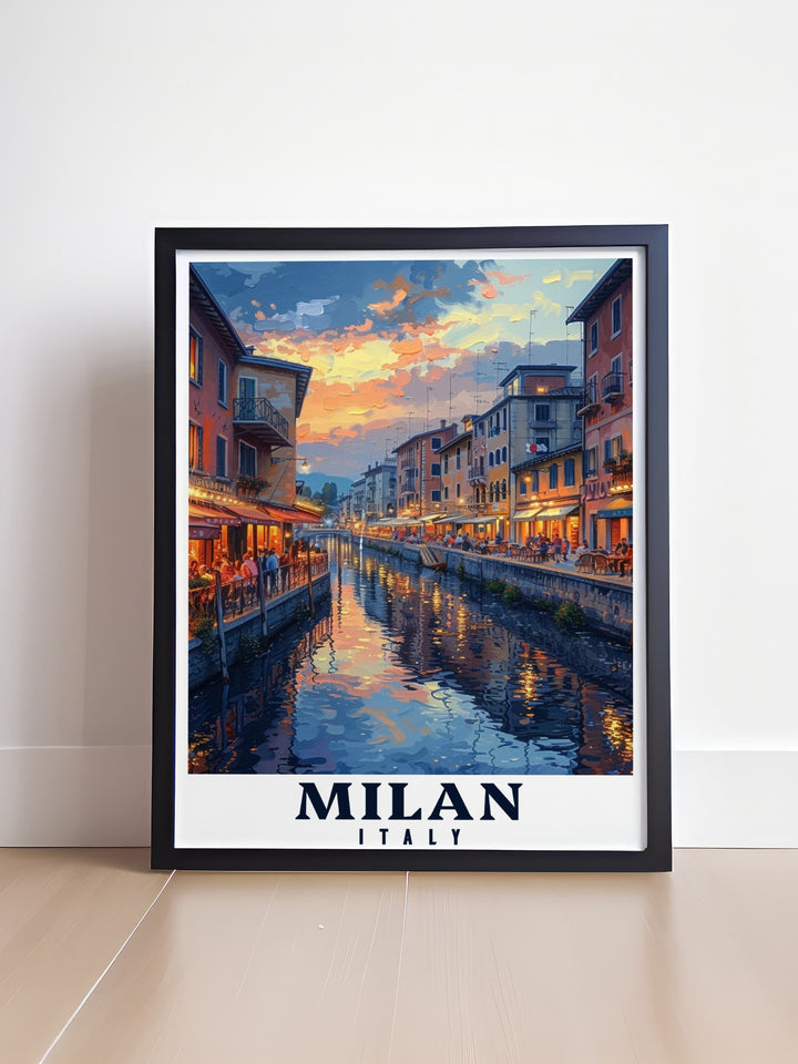 Milan Vintage Poster combines the timeless beauty of the Navigli District with a modern art style, creating a stunning addition to any space. This artwork is ideal for anyone who appreciates Italys rich cultural history and wants to bring a piece of Milan into their home.