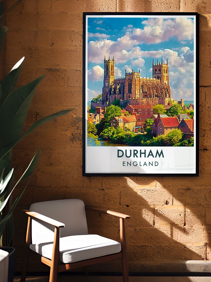 This art print of Durham Cathedral showcases the cathedrals intricate design and stunning surroundings, making it a standout piece for any decor.