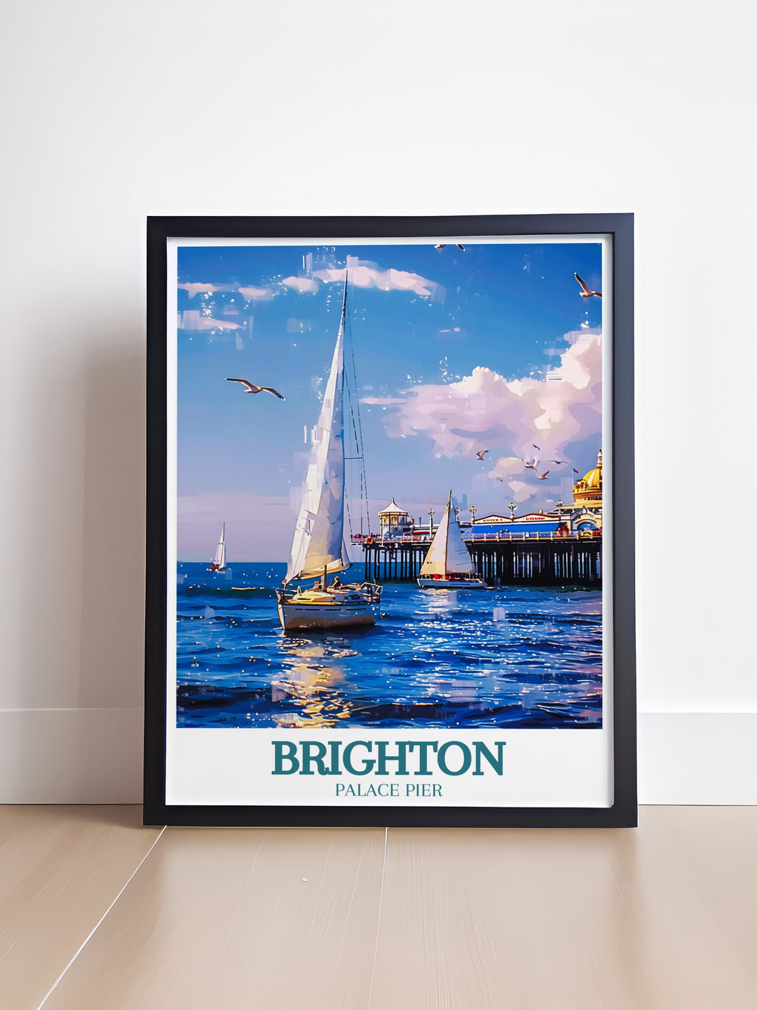 Brighton Pier Print capturing the lively atmosphere of Brighton Palace Pier with the backdrop of the English Channel, perfect for vintage travel print collectors and home decor enthusiasts.