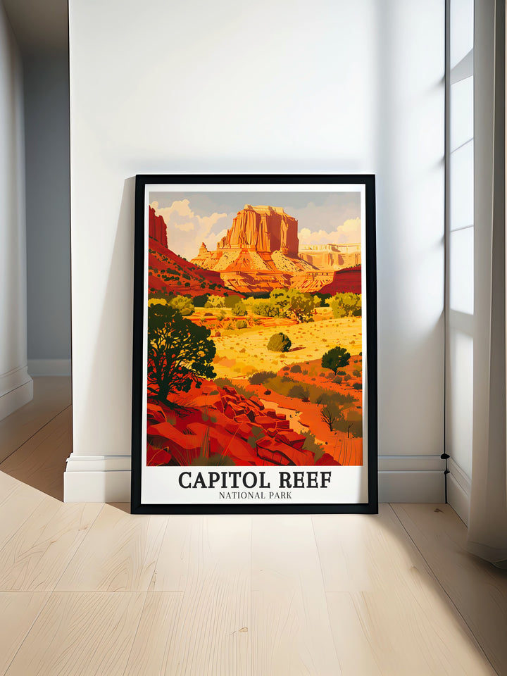 Capitol Reef Poster Print captures the dramatic red rock formations and sweeping canyons of Utahs Capitol Reef National Park. This artwork brings the rugged beauty of Red Rock Country into your home, ideal for nature lovers and adventure seekers.