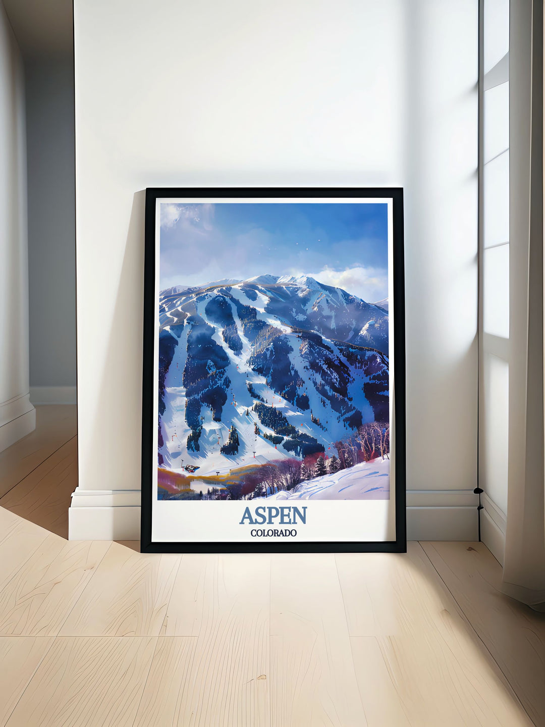 This art print captures the natural splendor of Aspen Highlands, with its challenging runs and stunning views, offering a piece of Colorados Rocky Mountains for your wall.