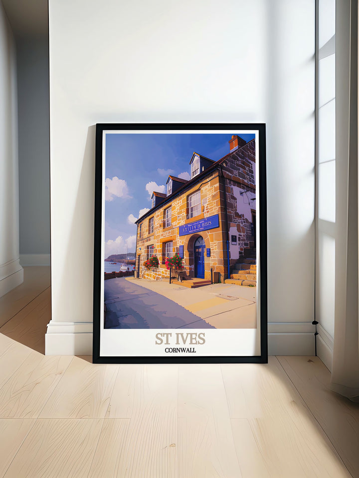 This vintage inspired poster of St Ives Museum captures the essence of the towns historical and cultural significance, offering a glimpse into one of Englands most enchanting destinations.