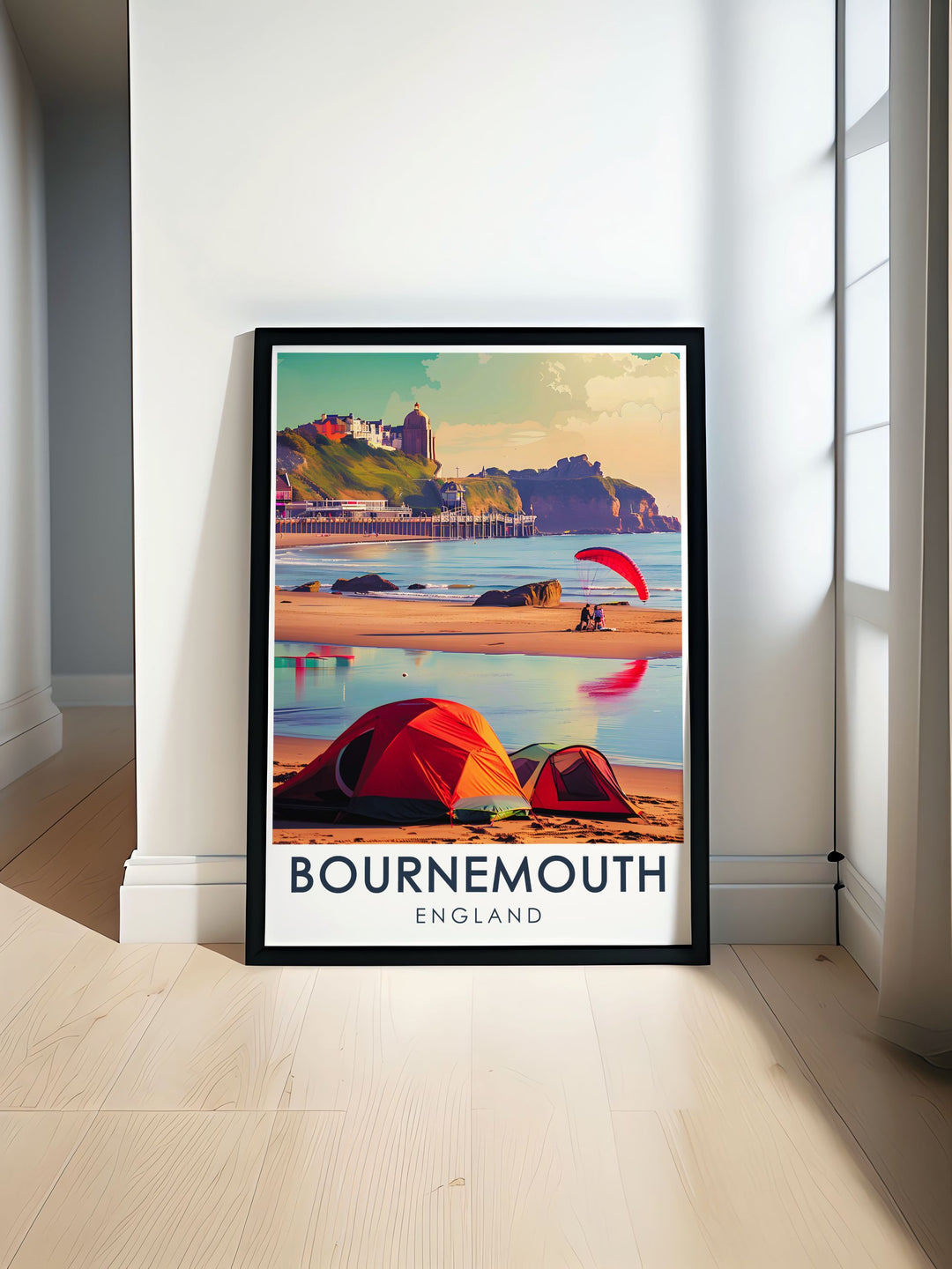 Vintage travel print showcasing the stunning beauty of Bournemouth Beach with golden sands and azure waters perfect for coastal decor enthusiasts. Add a touch of seaside charm to your home with this captivating art piece featuring Old Harry Rocks and the Dorset Coast.