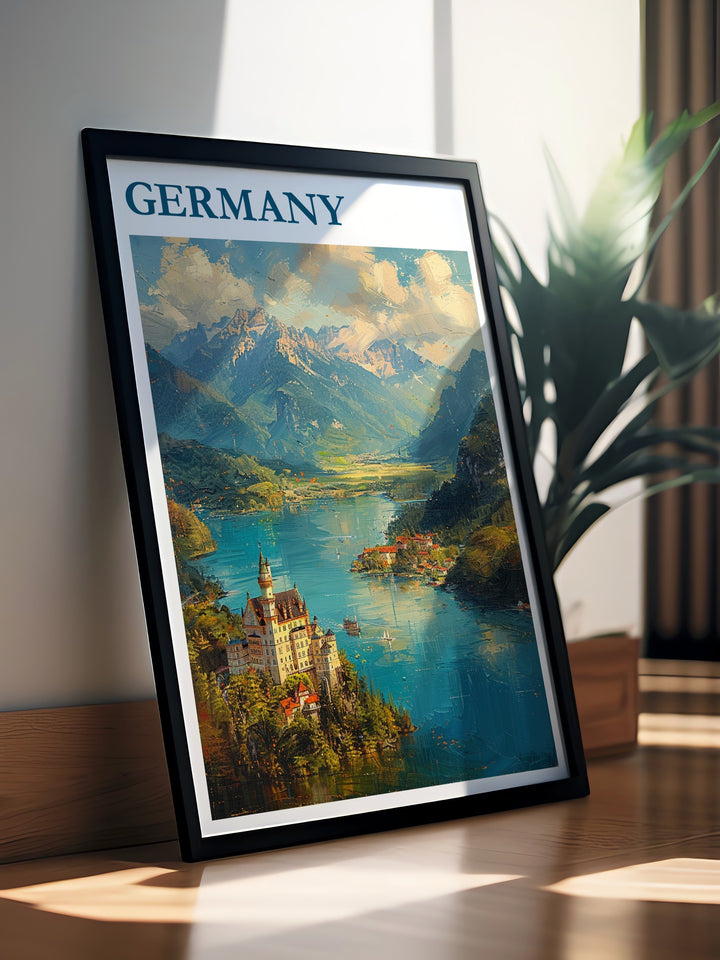 Neuschwanstein Castles fairy tale design, combined with Berlins dynamic cityscape, creates a travel poster that will captivate any art enthusiast or history lover. Add this print to your collection today.