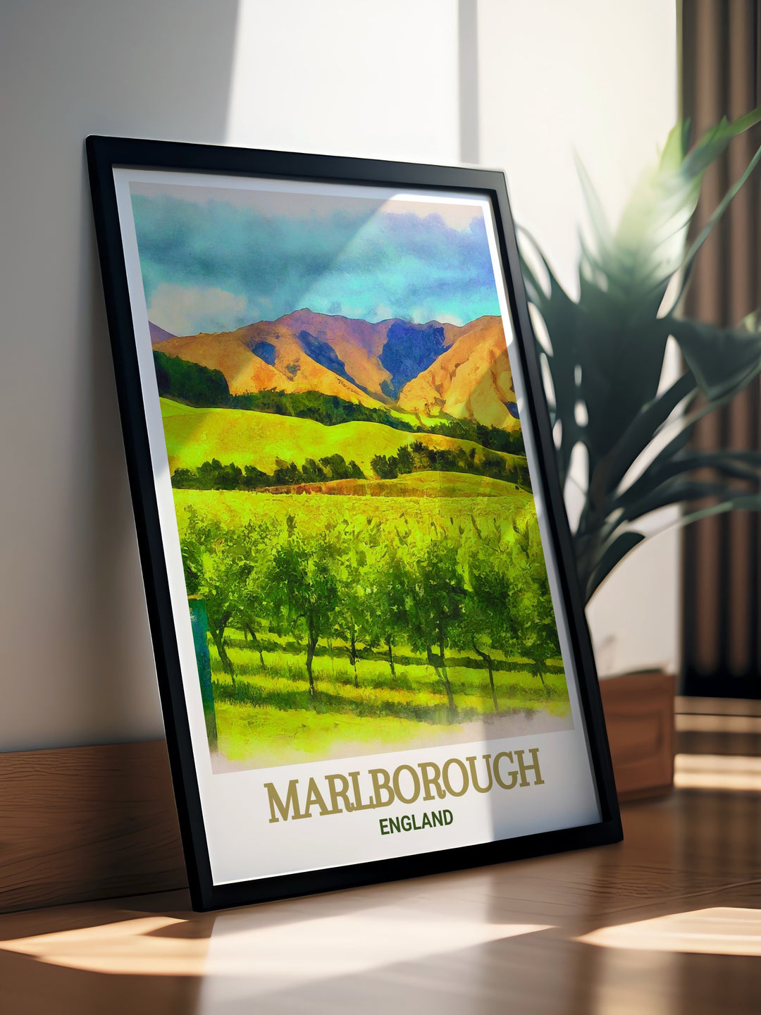 Cloudy Bay Vineyards art print capturing the lush vineyards and majestic mountains of Marlborough. Perfect for wine lovers and art enthusiasts. This vibrant and detailed artwork brings the serene beauty of New Zealand into your home.