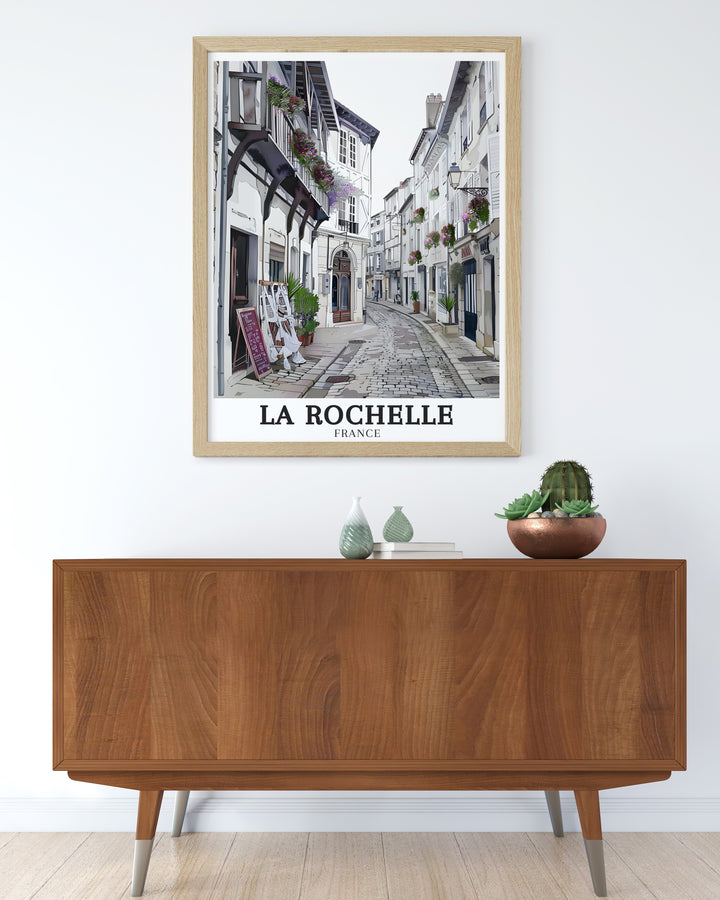 Striking La Rochelle poster illustrating the historic charm of the Old Town and the dynamic energy of Centre Ville. The print celebrates the unique character of this French city, making it an excellent piece for any travel art collection