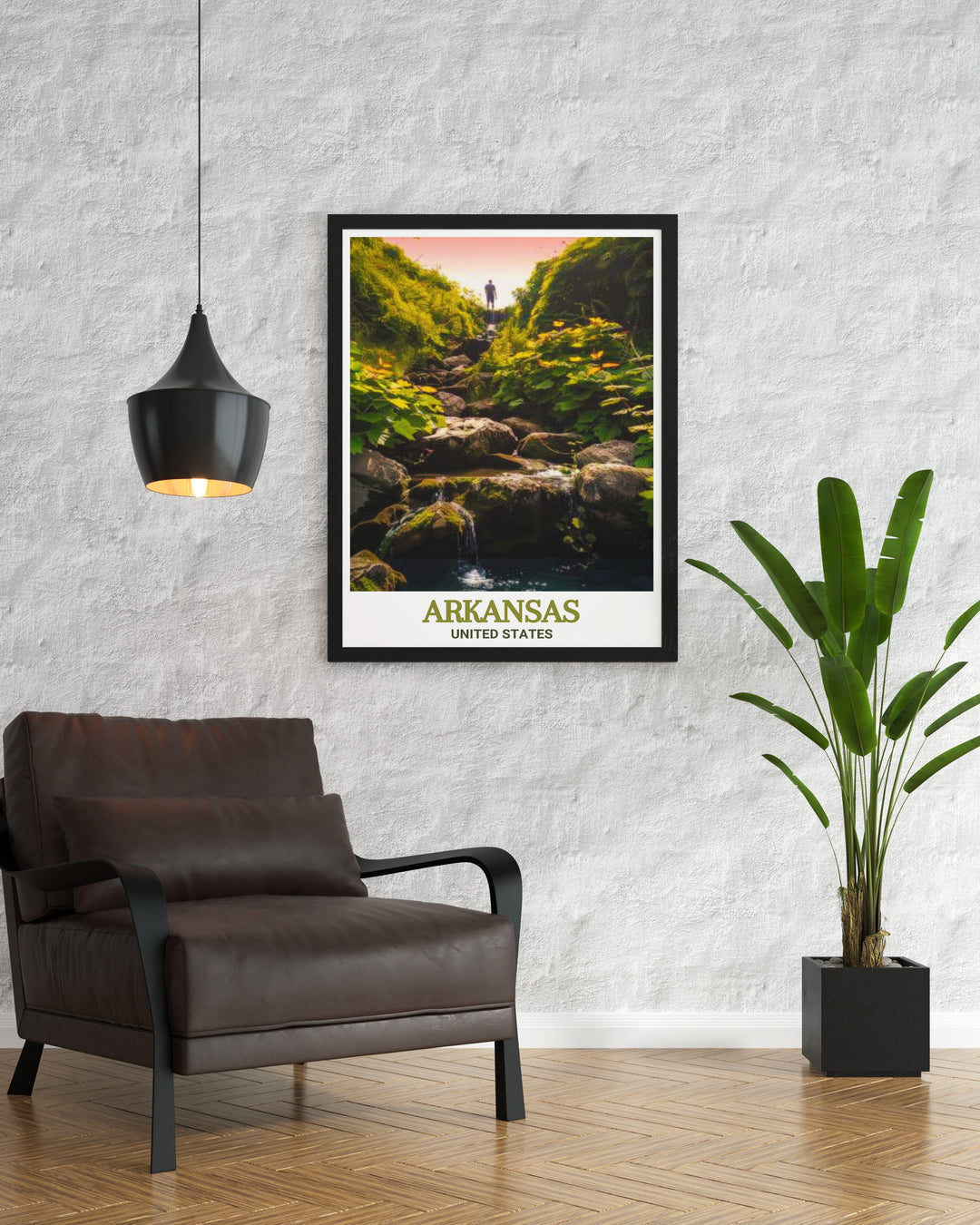 Poster of Hot Springs National Park in Arkansas, depicting the serene thermal springs and surrounding landscapes in vivid detail. Ideal for adding a touch of rustic elegance to your home decor, this print is a timeless piece of art.