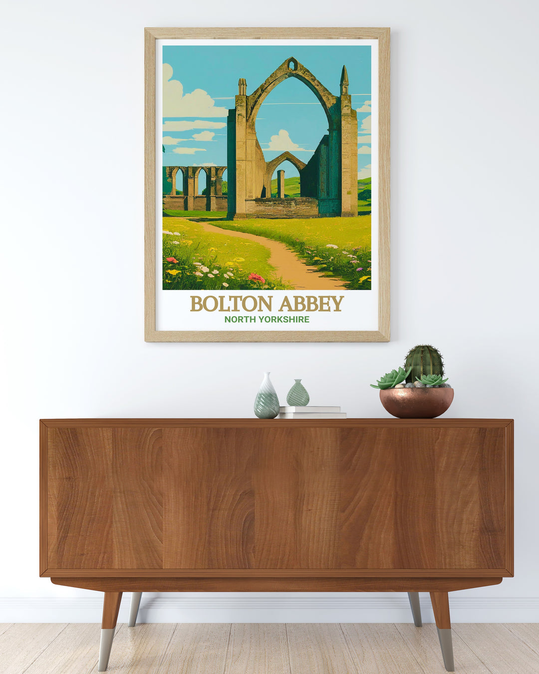 Yorkshire Dales art print featuring Bolton Priory Ruins a historic landmark in North Yorkshire this artwork captures the natural beauty of the area and is ideal for enhancing the decor of any room with its peaceful and serene imagery.