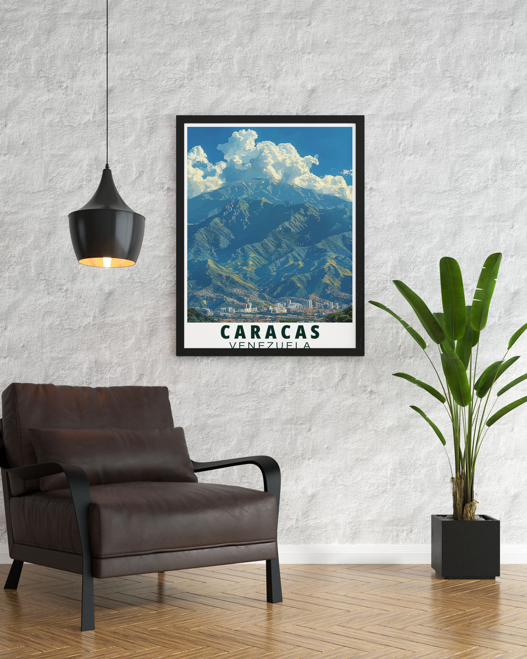 The captivating blend of rugged mountain landscapes and dynamic urban scenes in Caracas and Avila Mountain is beautifully illustrated in this poster, making it a stunning addition to any wall art collection celebrating Venezuela.