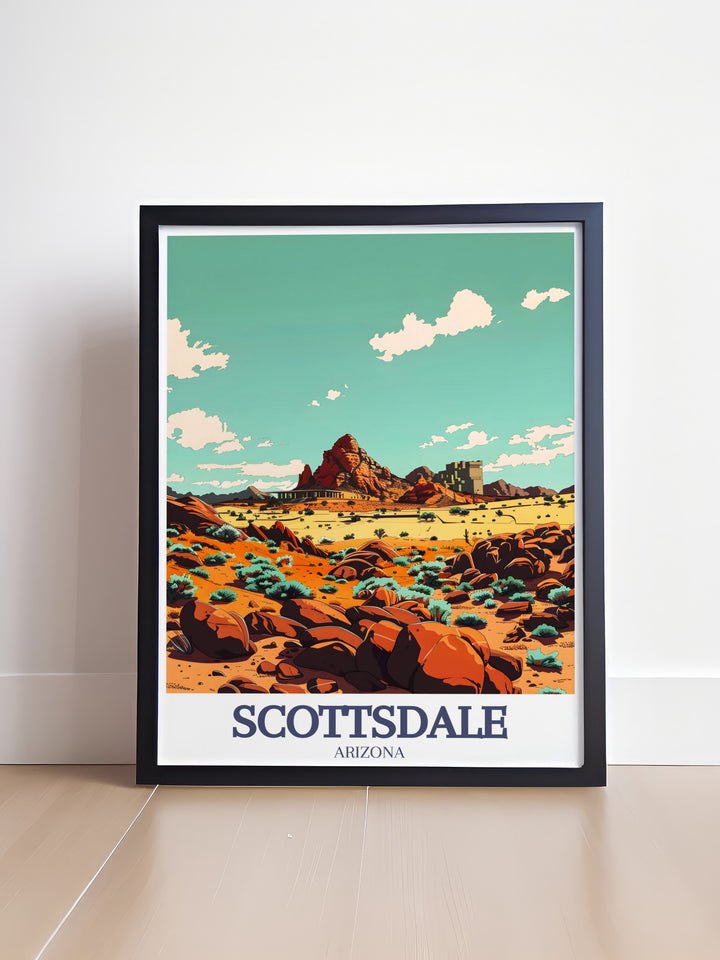 Scottsdales desert landscape comes alive in this vibrant art print, showcasing Camelback Mountain, Taliesin West, and the citys cultural richness. Ideal for travelers and architecture lovers, this Scottsdale poster makes an inspiring addition to any space.