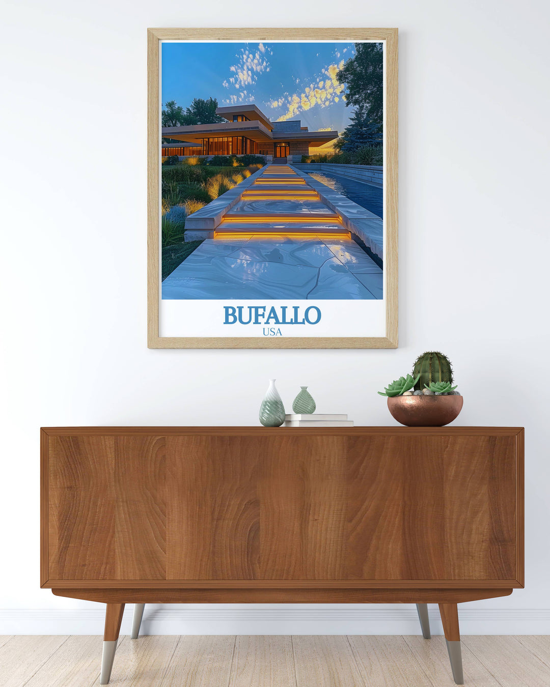 Personalized gift featuring Buffalo Bills poster and Frank Lloyd Wrights Darwin D. Martin House artwork perfect for any occasion