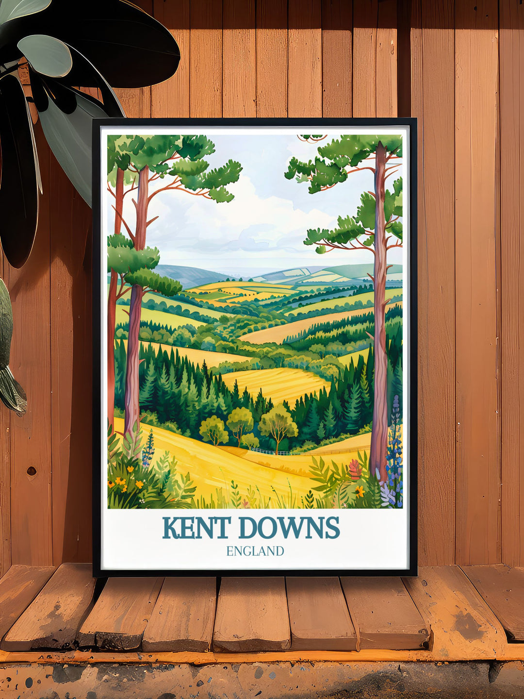 Detailed and vibrant Kent Downs Area of Outstanding Natural Beauty AONB poster that celebrates the beauty of protected landscapes offering a timeless and versatile addition to any room with its inspiring scenery.