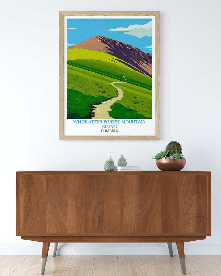 Cumbria vintage poster celebrates the timeless beauty of the Lake District, with its rolling hills and scenic biking trails. Perfect for collectors of vintage travel art, this artwork captures the spirit of adventure found in Cumbrias national parks.