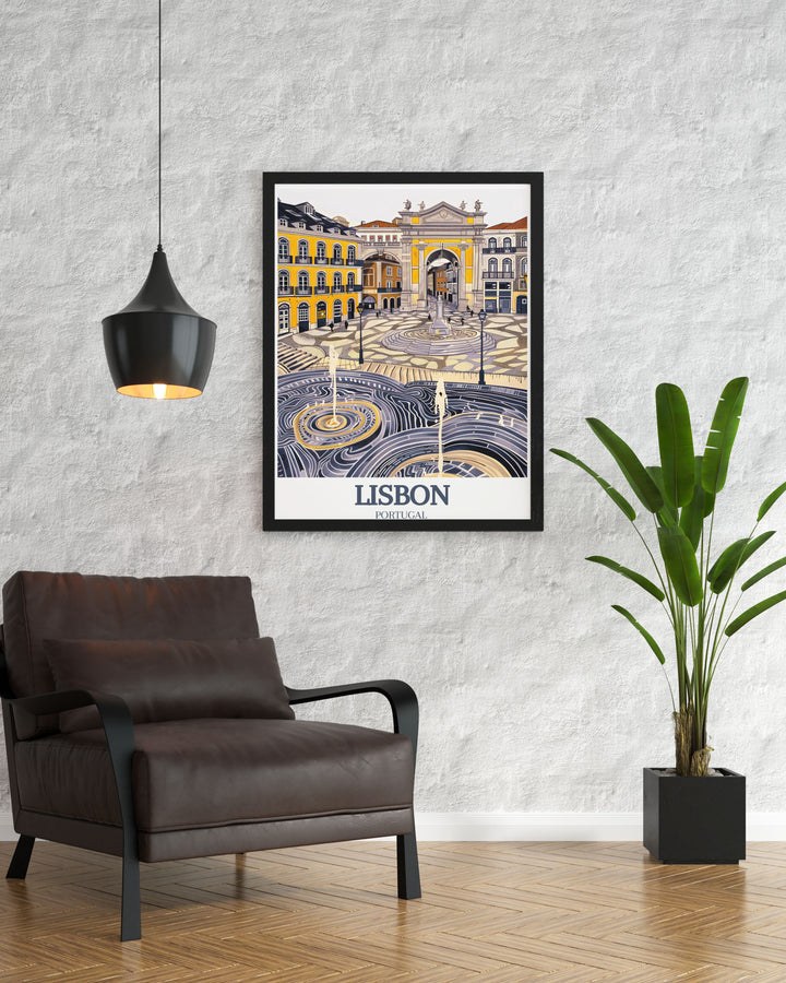 Portugal Wall Poster of Praca do Comercio and Rossio Square is perfect for Lisbon lovers looking to add a unique touch to their decor. This art print captures the energy and architecture of these famous Lisbon landmarks.