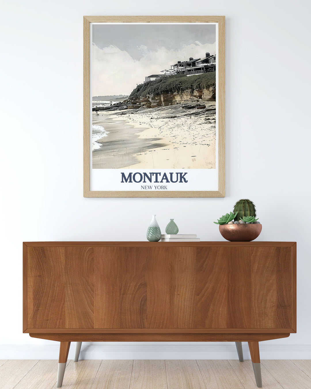 Matted Montauk Travel Print depicting Ditch Plains Beach and Montauk Harbor elegant choice for Christmas gifts and home decoration