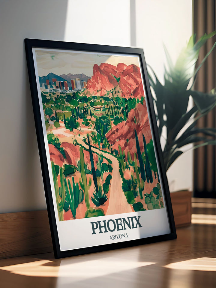 Phoenix Print featuring Camelback Mountain rising from the desert and the lush Desert Botanical Garden in the foreground. This framed art brings Arizonas most famous landscapes into your home, perfect for desert lovers.