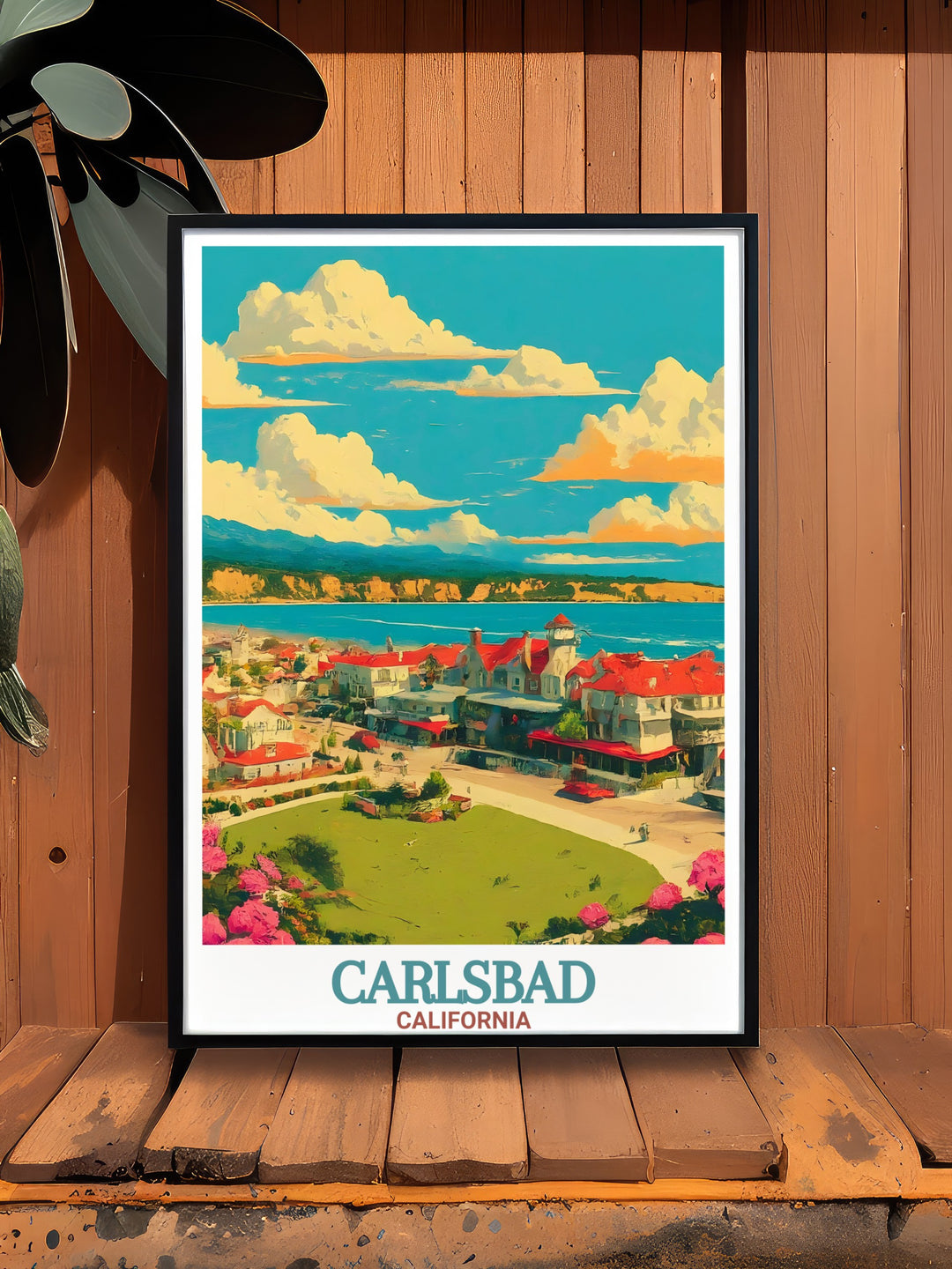 This travel poster of Carlsbad Village in California showcases the charm of this coastal city with a beautiful color palette inspired by the Pacific Ocean and golden California sunshine. Ideal for home decor, this print brings a piece of California to any room.